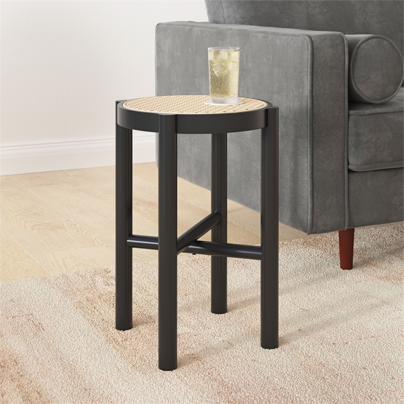 Pemberly Row Solid Wood with Natural Woven Cane Side Table in Black