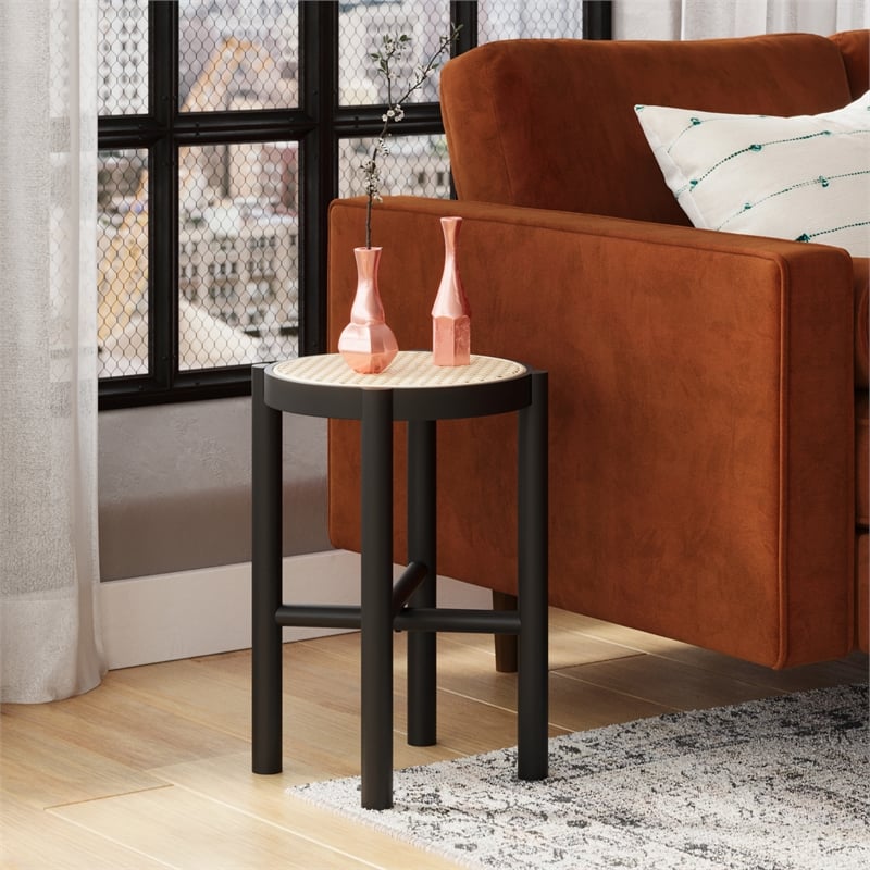 Pemberly Row Solid Wood with Natural Woven Cane Side Table in Black