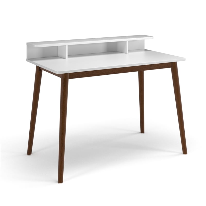 Pemberly Row Contemporary Wood 2-Tier Desk in White and Walnut