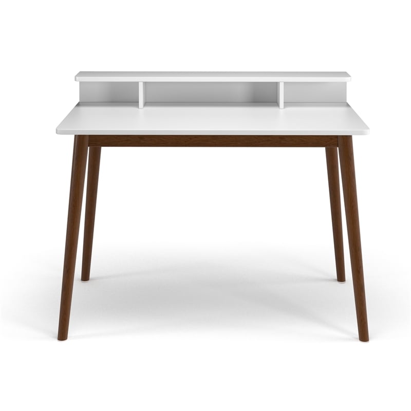 Pemberly Row Contemporary Wood 2-Tier Desk in White and Walnut