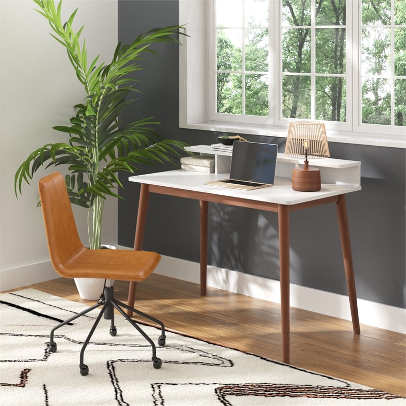 Pemberly Row Contemporary Wood 2-Tier Desk in White and Walnut
