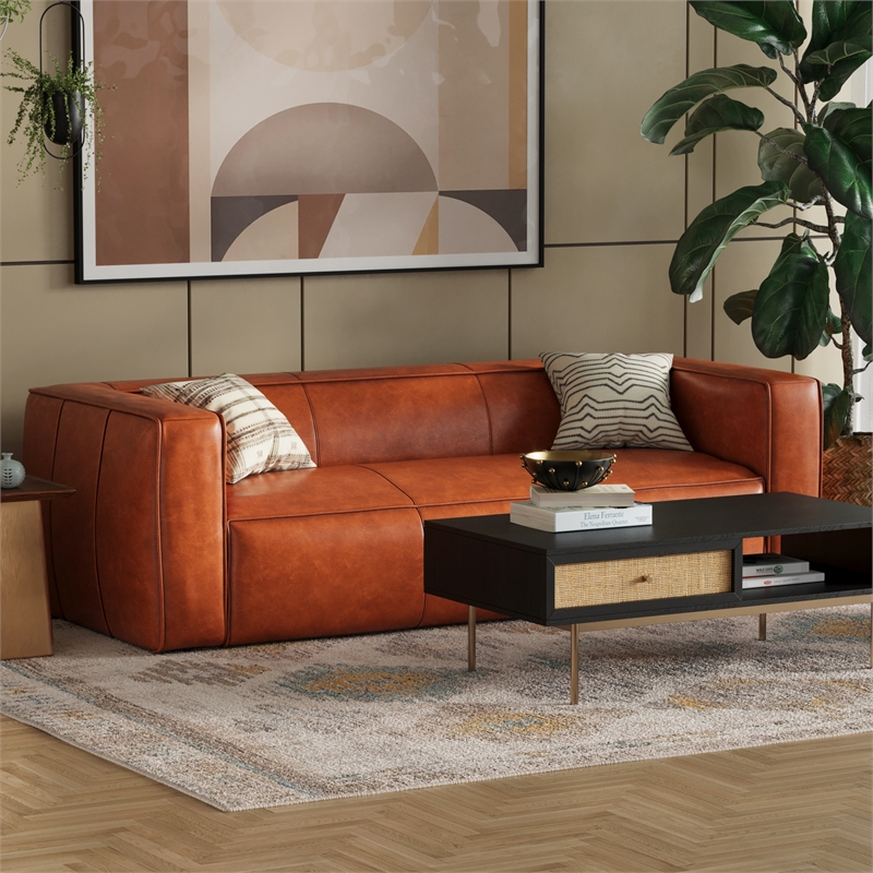 Pemberly Row Modern / Contemporary Genuine Leather Sofa in Caramel