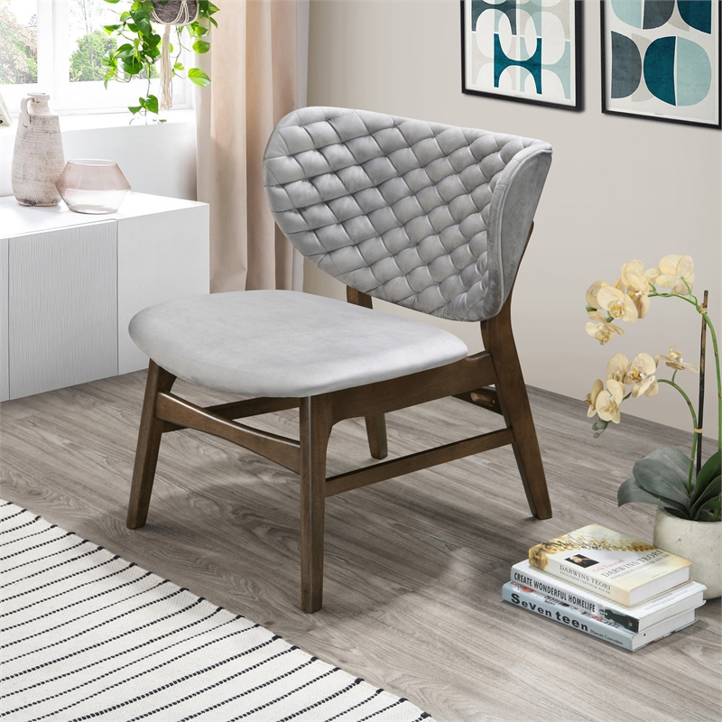 Pemberly Row Mid-Century Solid Wood Frame Lounge Chair in Gray