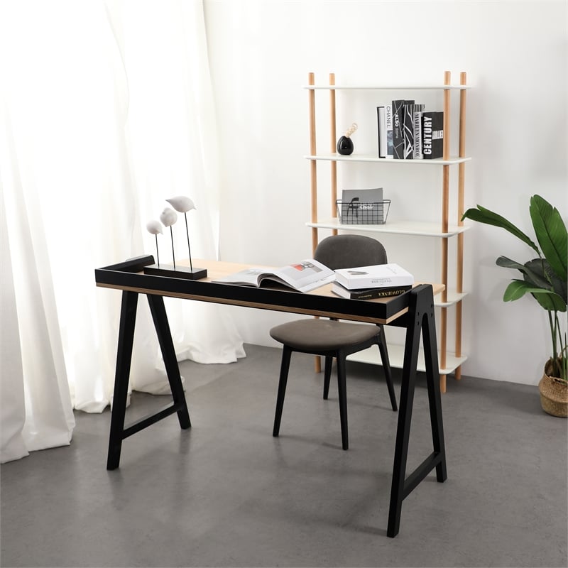 Pemberly Row Mid-Century Contemporary Desk in Natural and Black