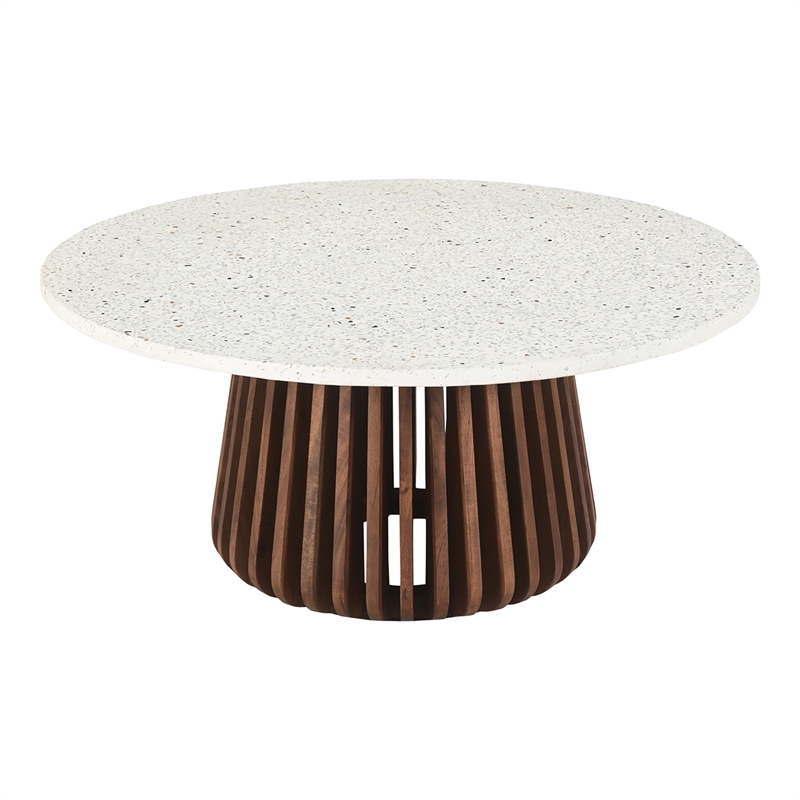 Pemberly Row Contemporary Round Terrazzo Coffee Table in Walnut