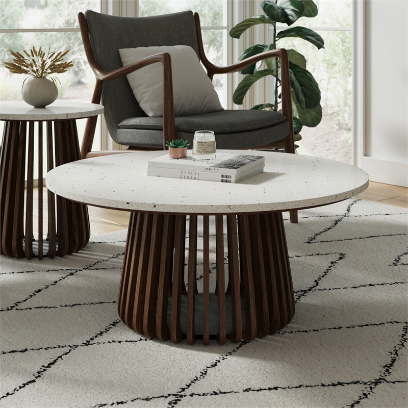 Pemberly Row Contemporary Round Terrazzo Coffee Table in Walnut