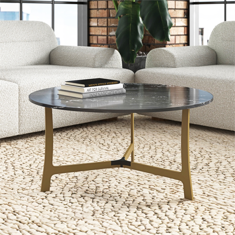 Pemberly Row Contemporary Marble Coffee Table in Gold and Black