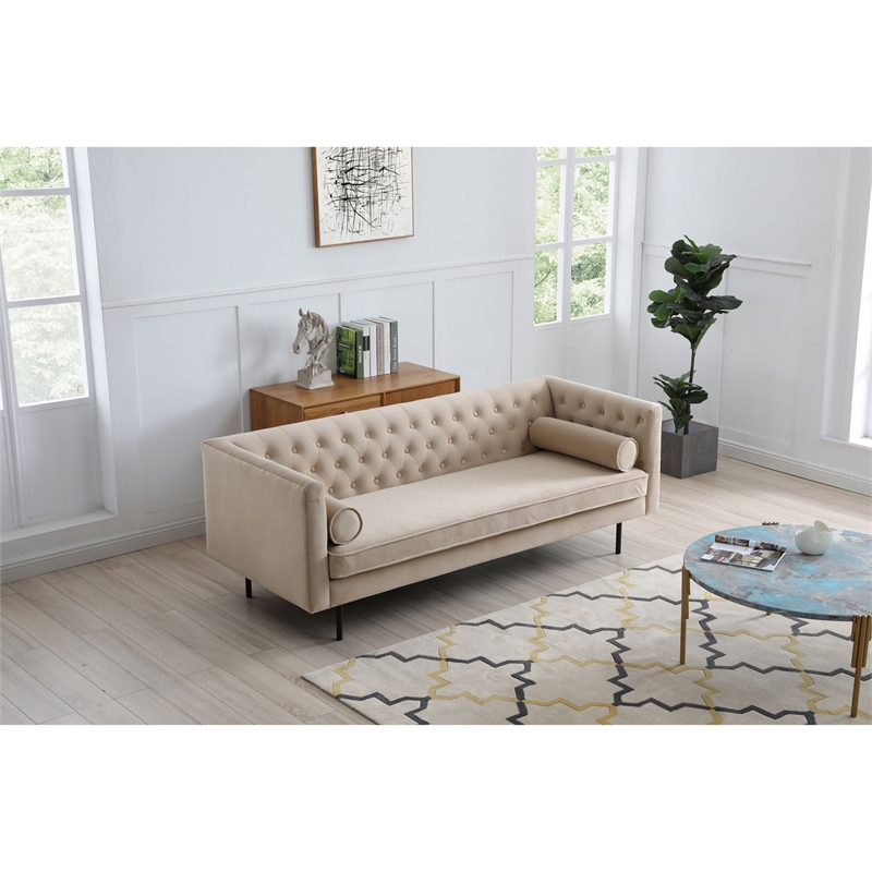 Pemberly Row Velvet Mid-Century Contemporary Velvet Sofa in Sand