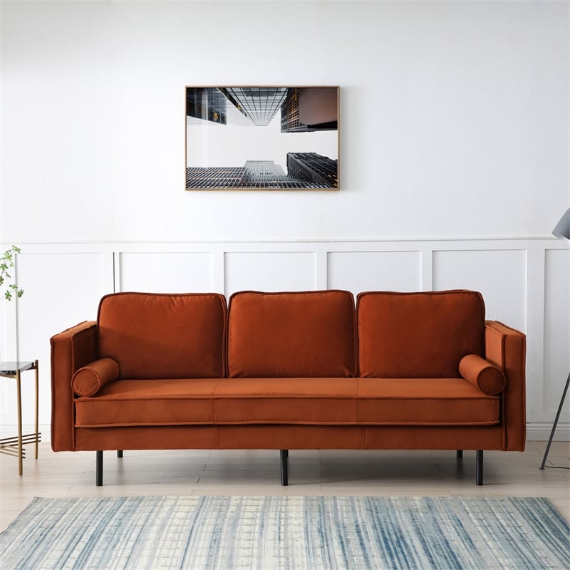 Pemberly Row Velvet Mid-Century Contemporary Velvet Sofa in Rust