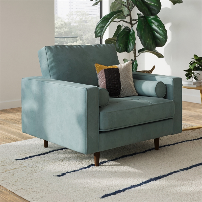 Pemberly Row Contemporary Performance Velvet Arm Chair in Ocean