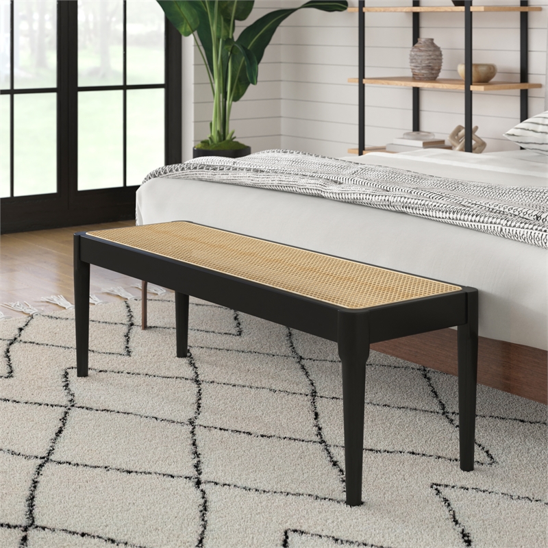 Pemberly Row Modern Solid Wood with Natural Cane Bench in Black