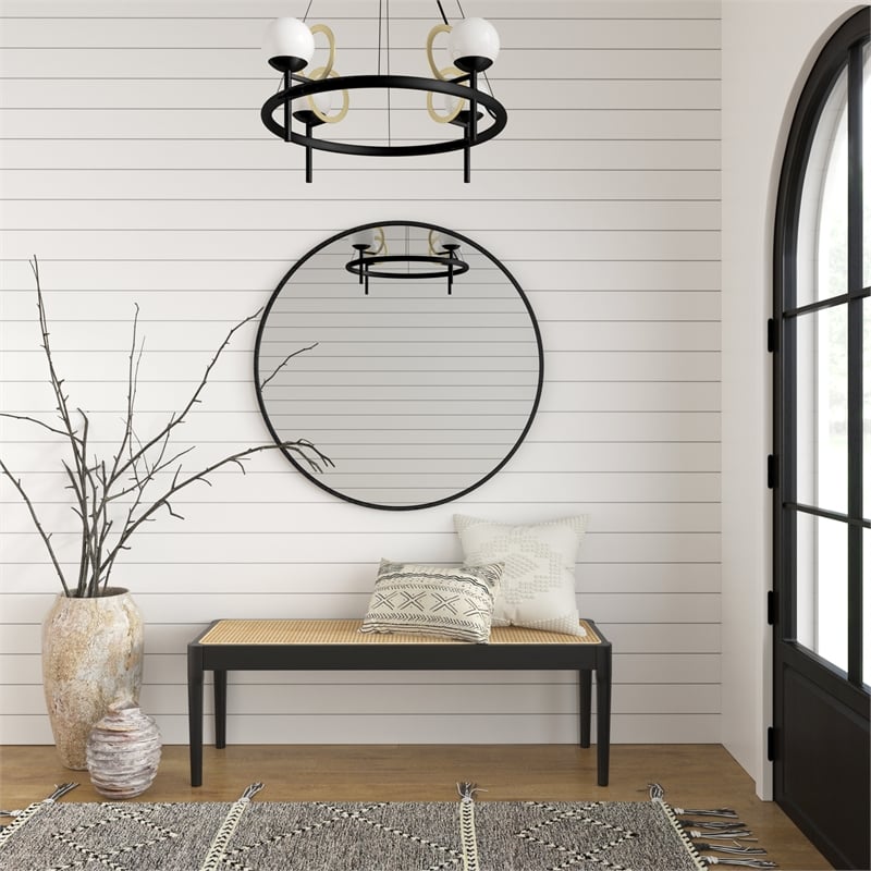 Pemberly Row Modern Solid Wood with Natural Cane Bench in Black