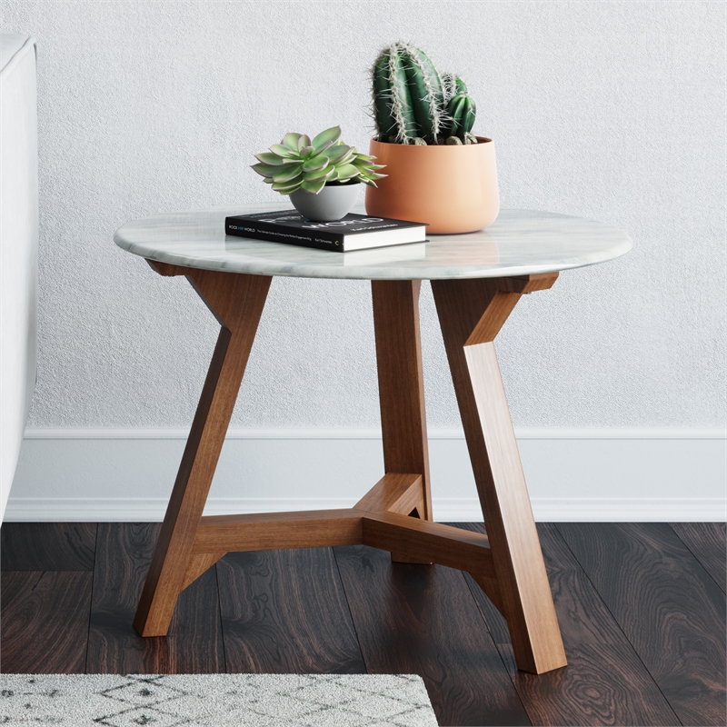 Pemberly Row Contemporary Faux Marble Coffee Table in Walnut
