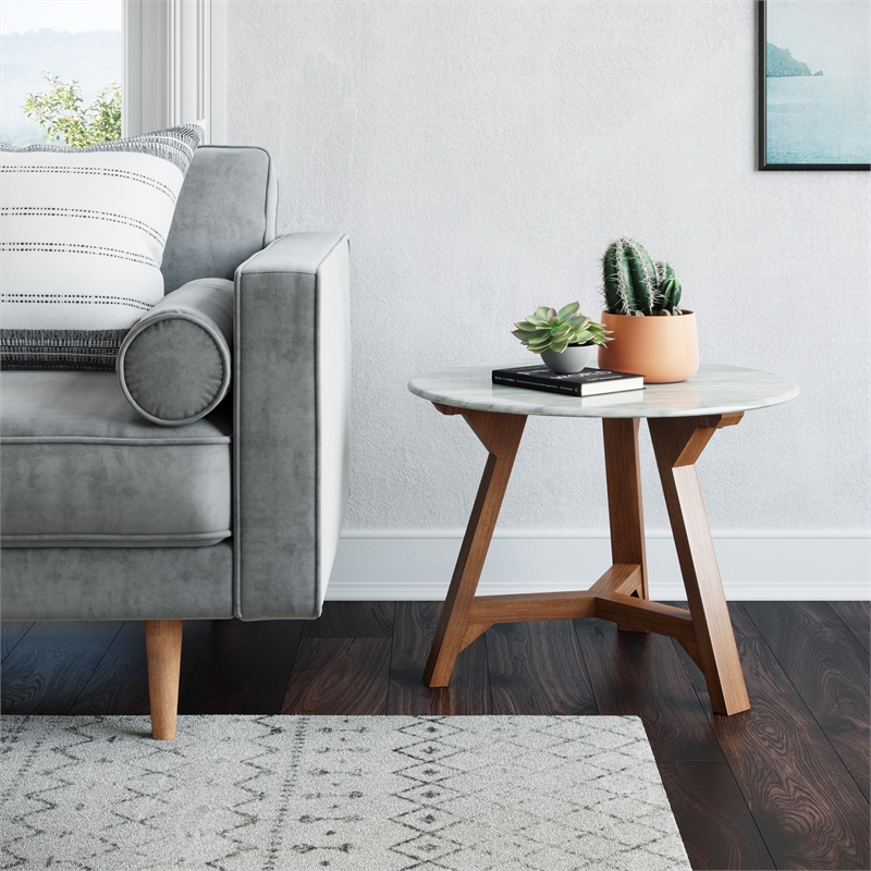 Pemberly Row Contemporary Faux Marble Coffee Table in Walnut
