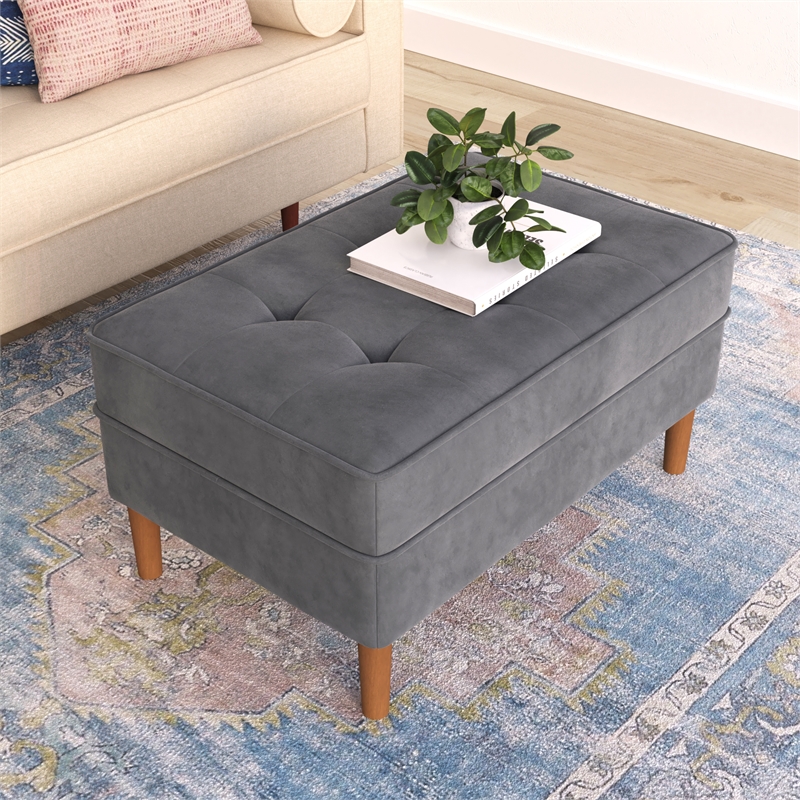 Pemberly Row Contemporary Velvet Rectangular Ottoman in Gray