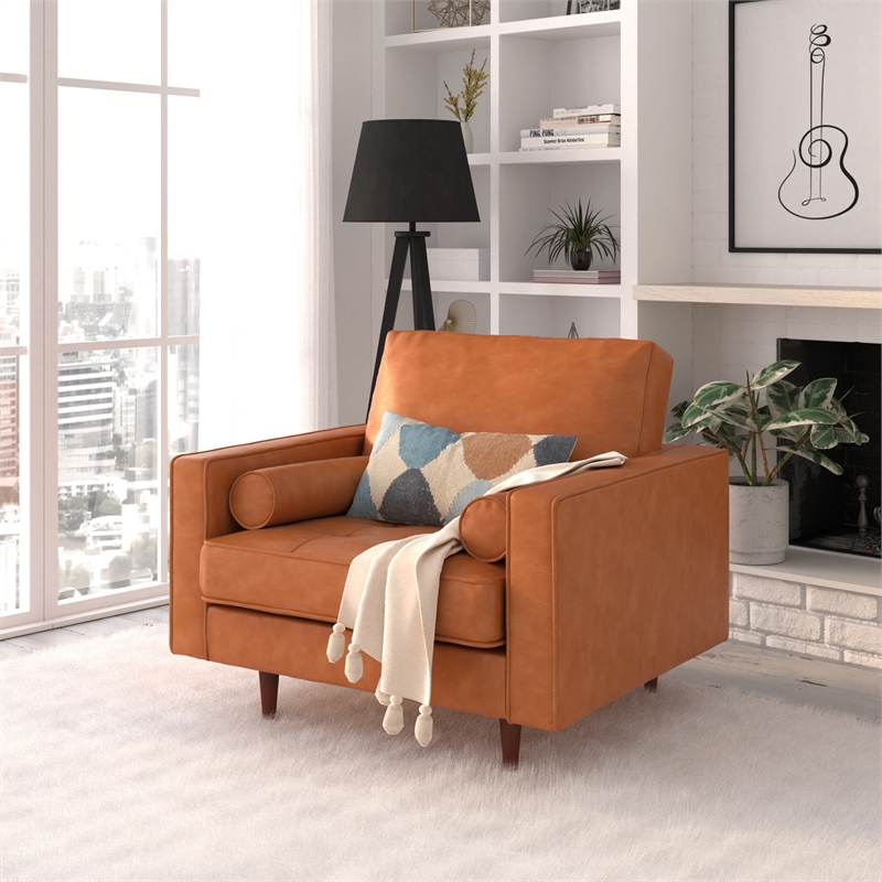 Pemberly Row Modern Upholstered Leather Arm Chair in Caramel