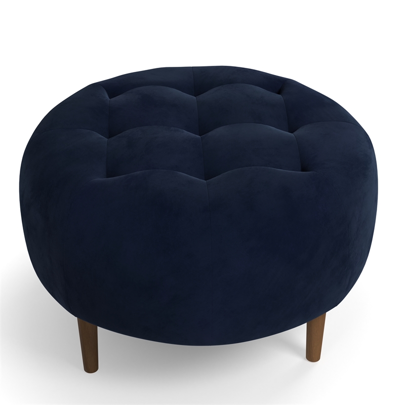 Pemberly Row Modern Round Performance Velvet Ottoman in Blue