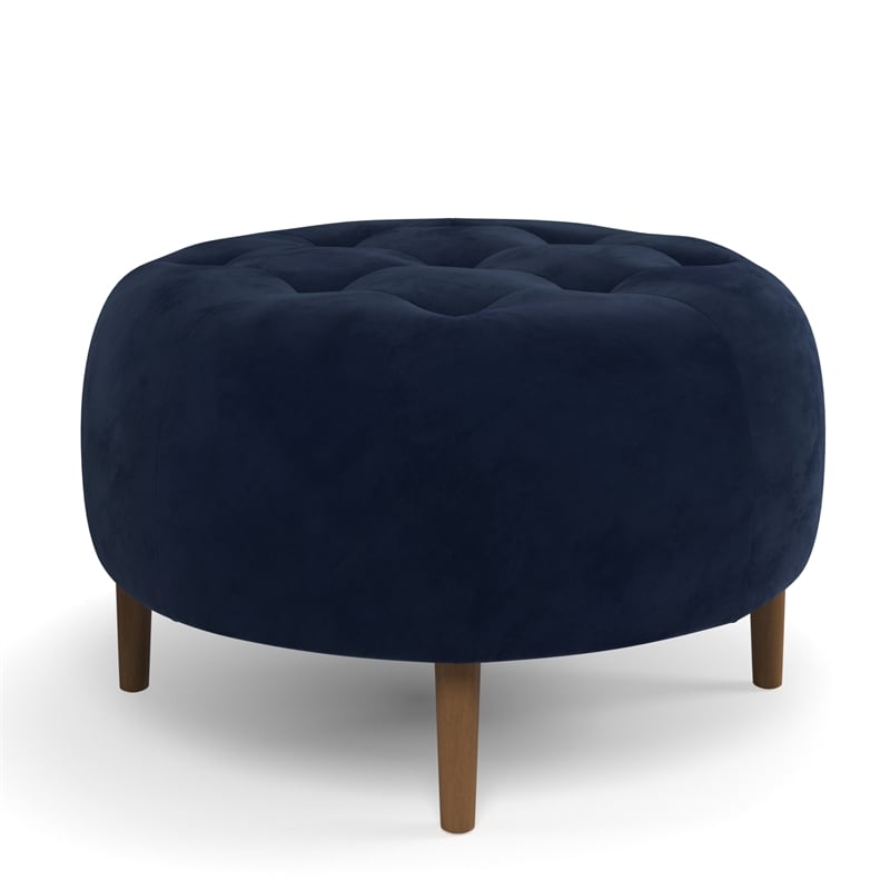Pemberly Row Modern Round Performance Velvet Ottoman in Blue
