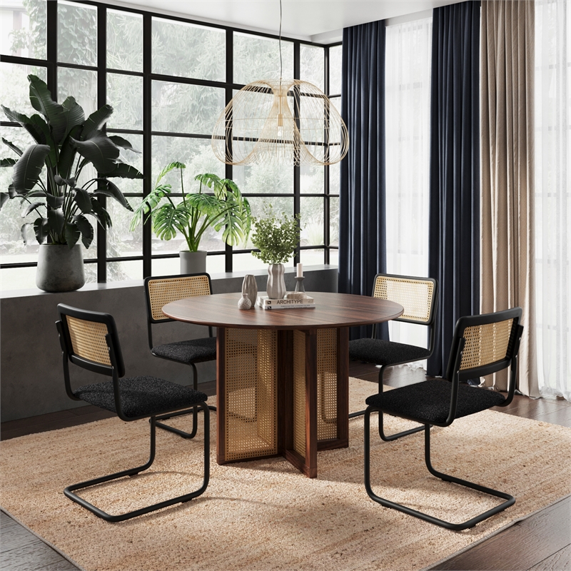 Pemberly Row Modern Round Dining Table with Cane Base in Walnut