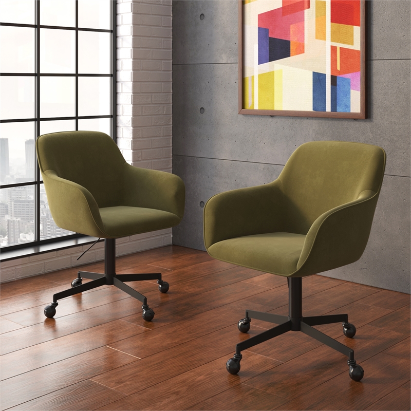 Pemberly Row Swivel Rolling Velvet Upholstery Armchair in Olive