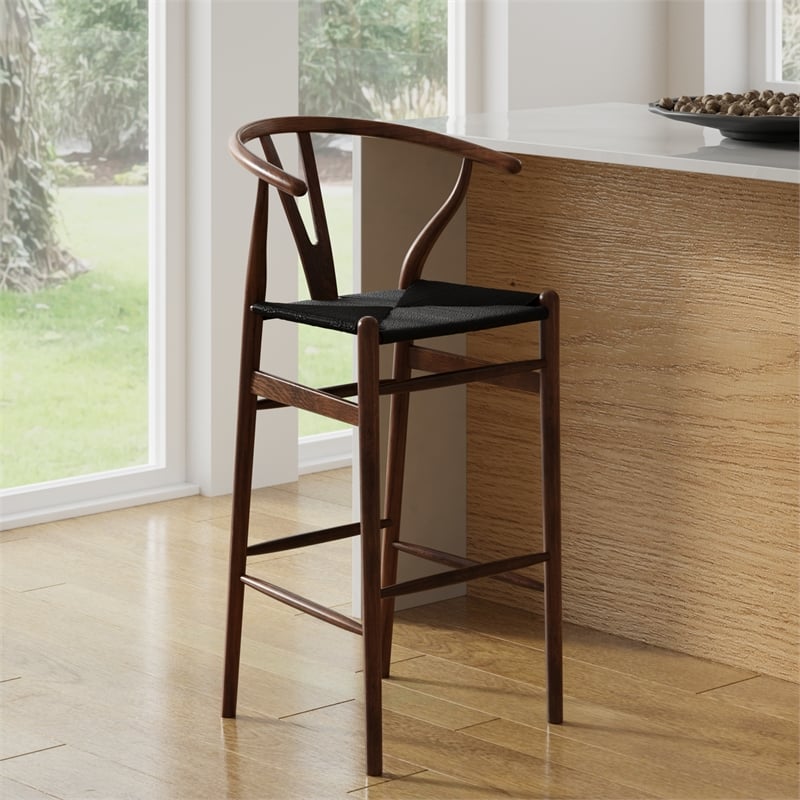Pemberly Row Danish Design Bar Height Stool in Walnut and Black