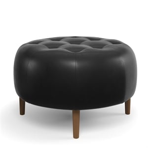 Pemberly Row Contemporary Genuine Leather Round Ottoman in Black