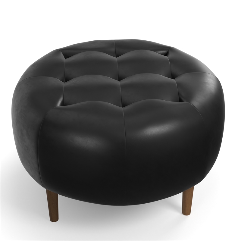 Pemberly Row Contemporary Genuine Leather Round Ottoman in Black