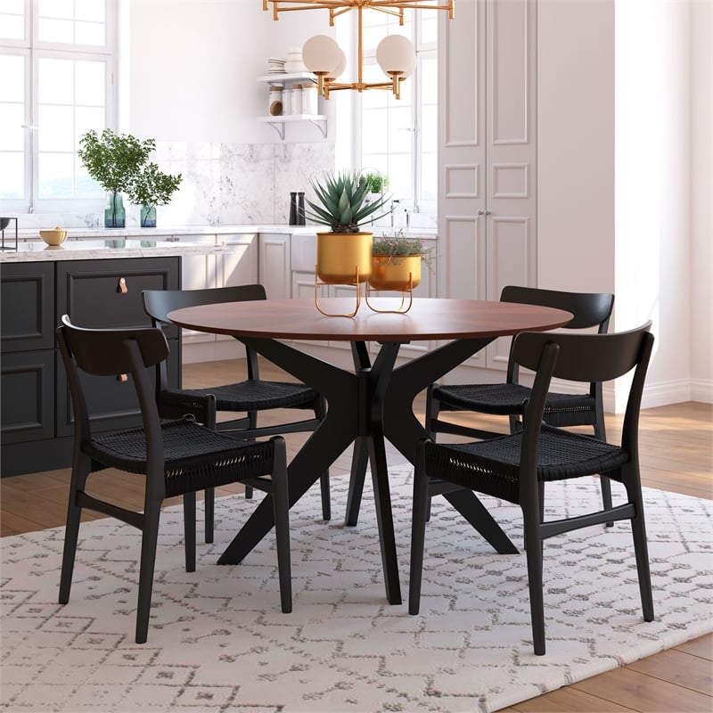 Pemberly Row Contemporary Round Dining Table in Black and Walnut