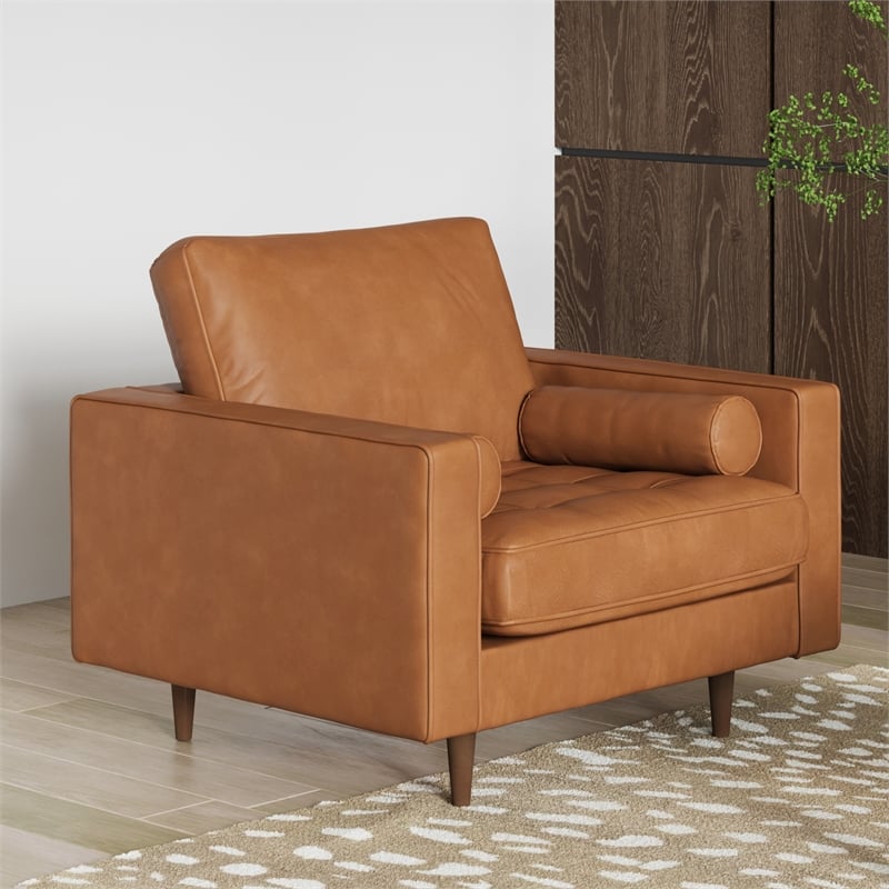 Pemberly Row Modern Upholstered Vegan Leather Arm Chair in Brown