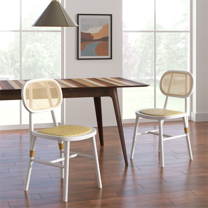 Pemberly Row Solid Wood with Natural Cane Side Chairs (Set of 2) in White