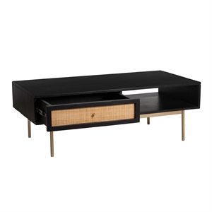 Pemberly Row Solid Wood with Natural Woven Cane Coffee Table in Black