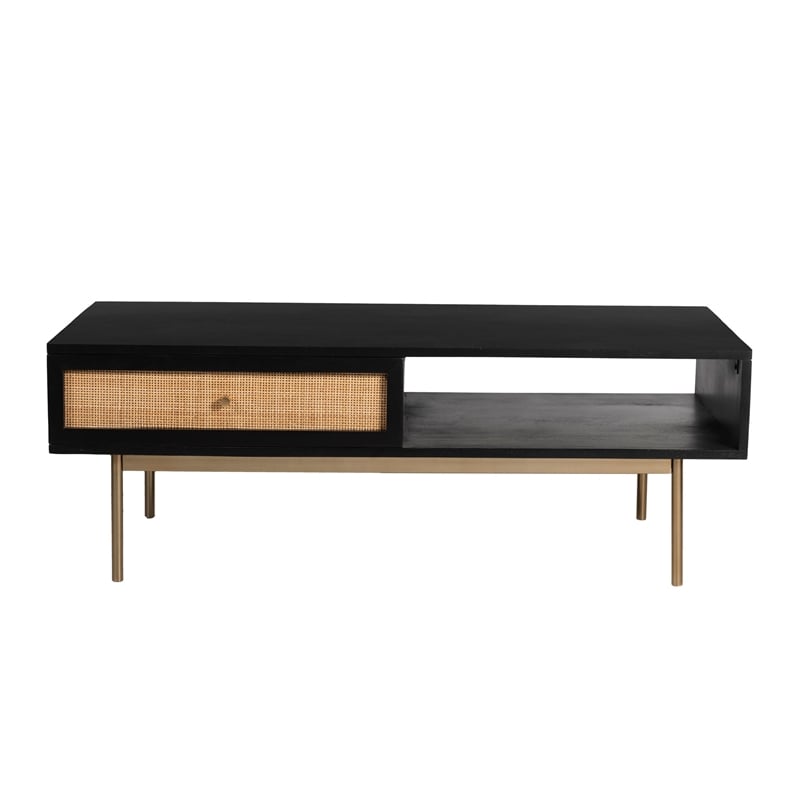 Pemberly Row Solid Wood with Natural Woven Cane Coffee Table in Black