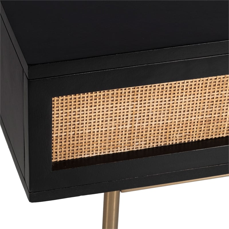 Pemberly Row Solid Wood with Natural Woven Cane Coffee Table in Black