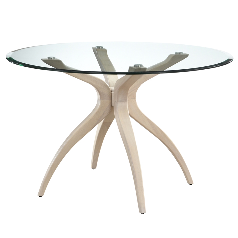 Pemberly Row Round Glass Dining Table w/ White Wash Base in Light Oak