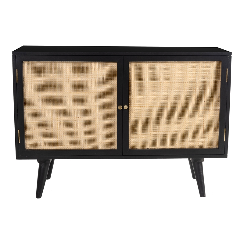 Pemberly Row Two-Door Solid Wood with Natural Cane Sideboard in Black