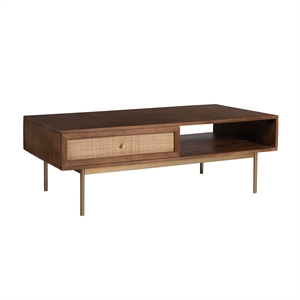 Pemberly Row Solid Wood with Natural Woven Cane Coffee Table in Walnut