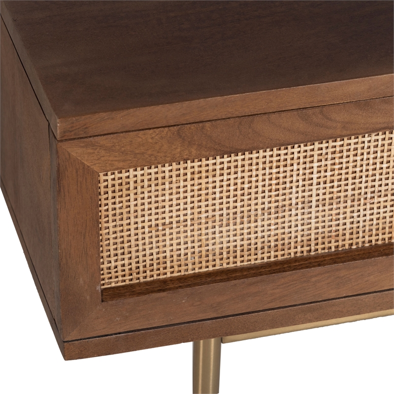 Pemberly Row Solid Wood with Natural Woven Cane Coffee Table in Walnut
