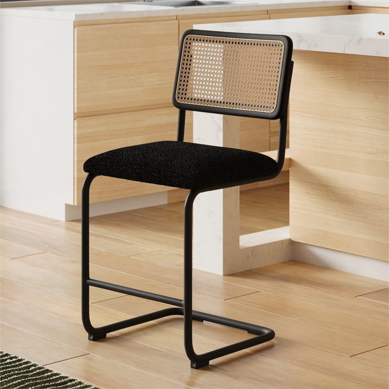 Pemberly Row Cane Back Boucle Counter Height Stool (Set Of 2) in Black