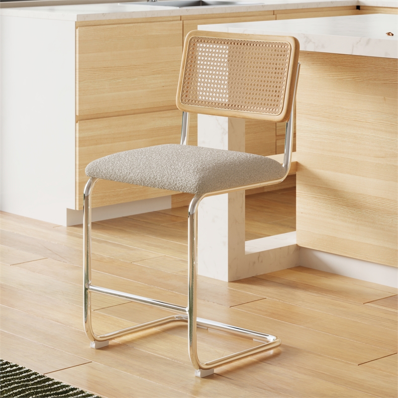 Pemberly Row Cane Back Boucle Counter Height Stool (Set Of 2) in White