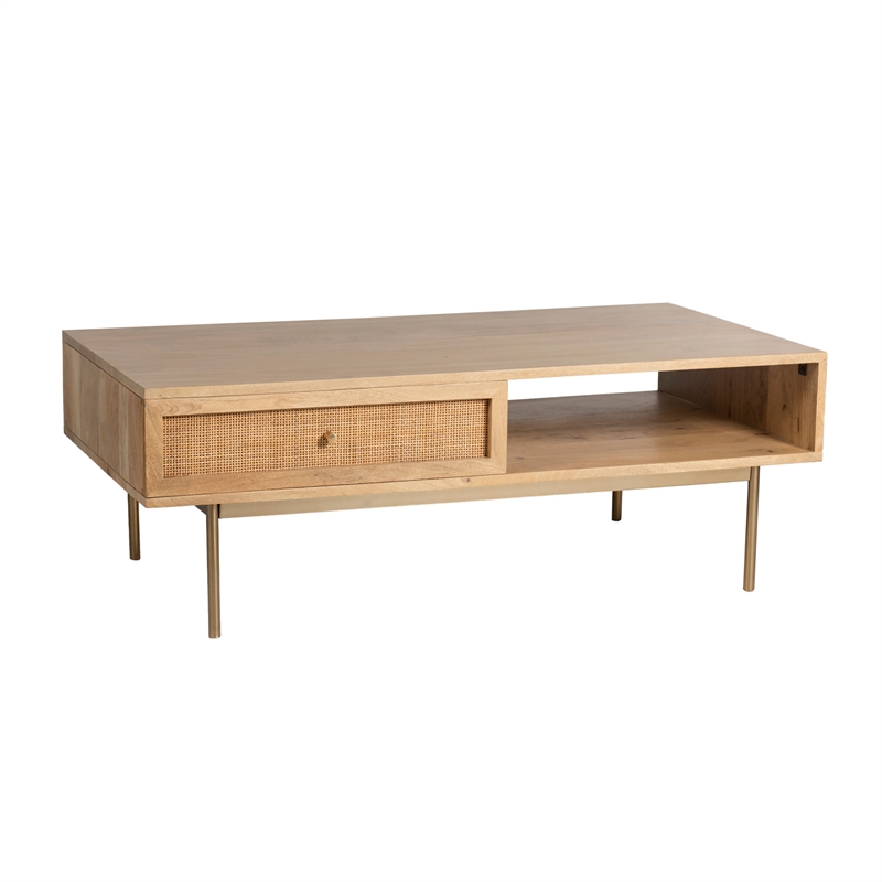 Pemberly Row Solid Wood with Natural Woven Cane Coffee Table in Natural