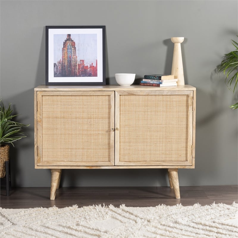 Pemberly Row Two-Door Solid Wood with Natural Cane Sideboard in Natural