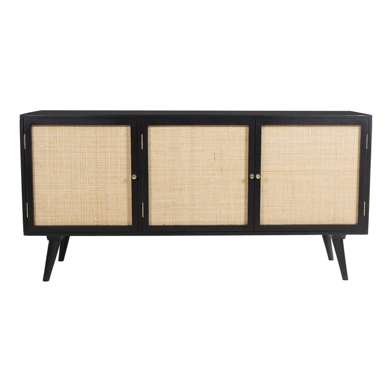 Pemberly Row Three-Door Solid Wood with Natural Cane Sideboard in Black