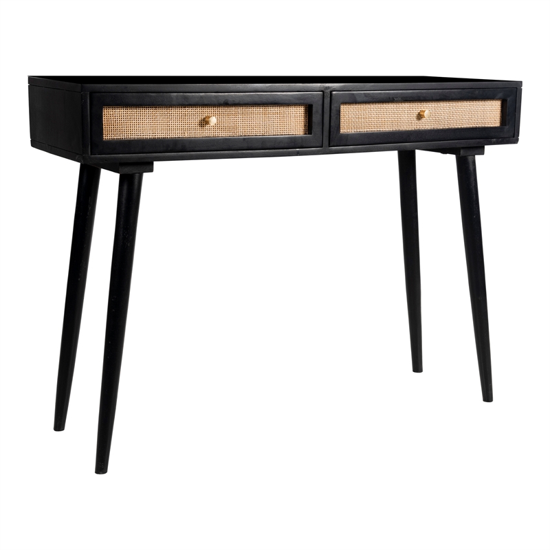 Pemberly Row Solid Wood with Natural Woven Cane Two-Drawer Desk in Black