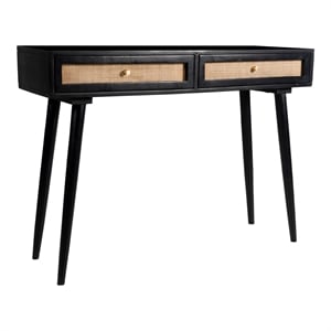 Pemberly Row Solid Wood with Natural Woven Cane Two-Drawer Desk in Black