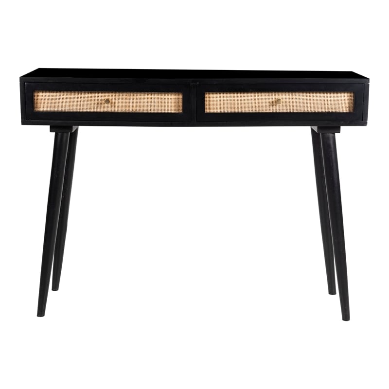 Pemberly Row Solid Wood with Natural Woven Cane Two-Drawer Desk in Black