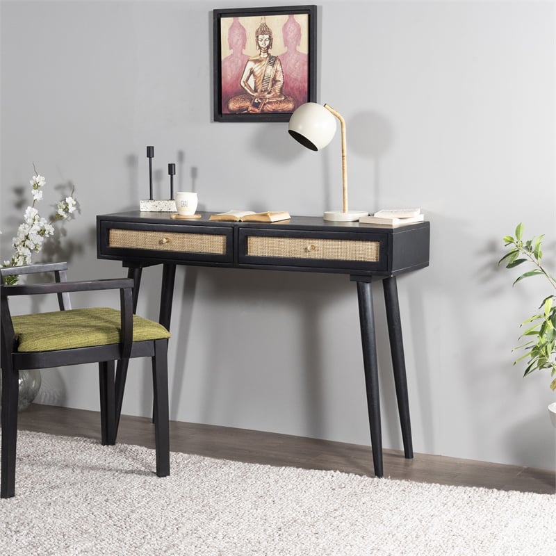 Pemberly Row Solid Wood with Natural Woven Cane Two-Drawer Desk in Black