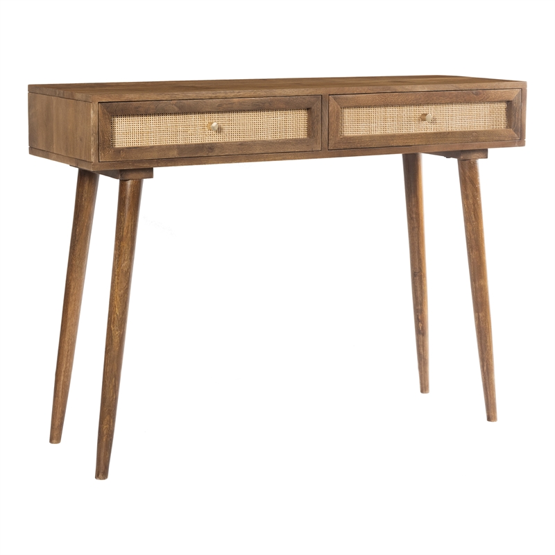 Pemberly Row Solid Wood with Natural Woven Cane Two-Drawer Desk in Walnut