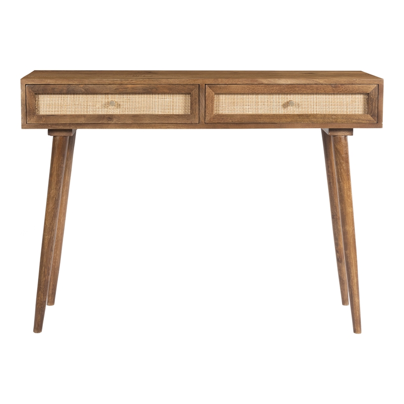 Pemberly Row Solid Wood with Natural Woven Cane Two-Drawer Desk in Walnut