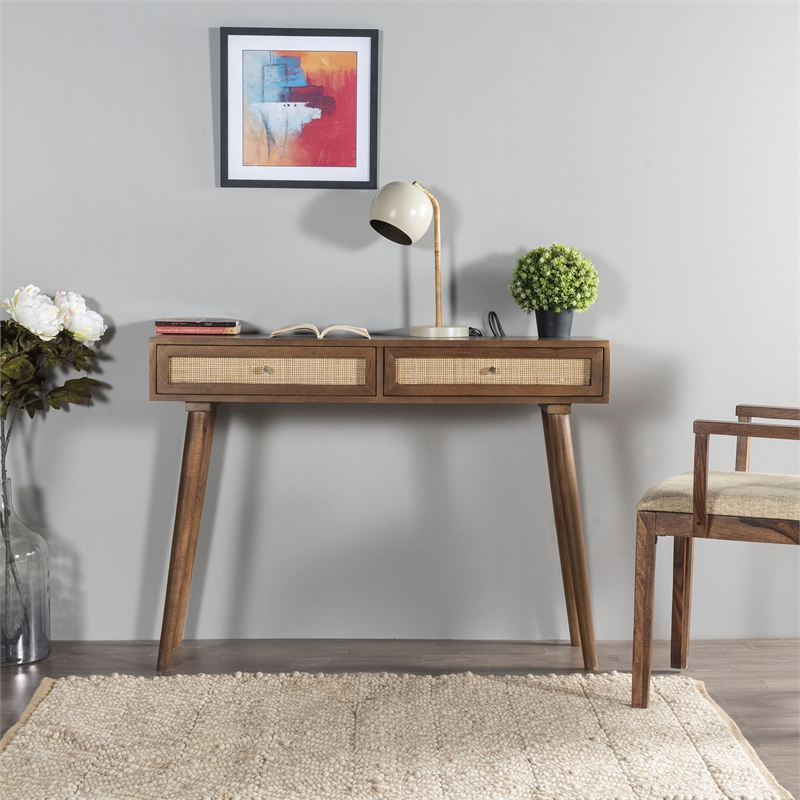 Pemberly Row Solid Wood with Natural Woven Cane Two-Drawer Desk in Walnut