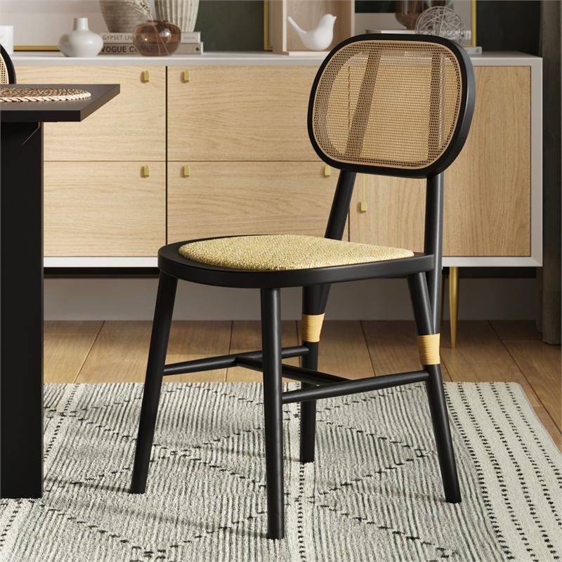 Pemberly Row Solid Wood with Natural Cane Side Chairs (Set of 2) in Black